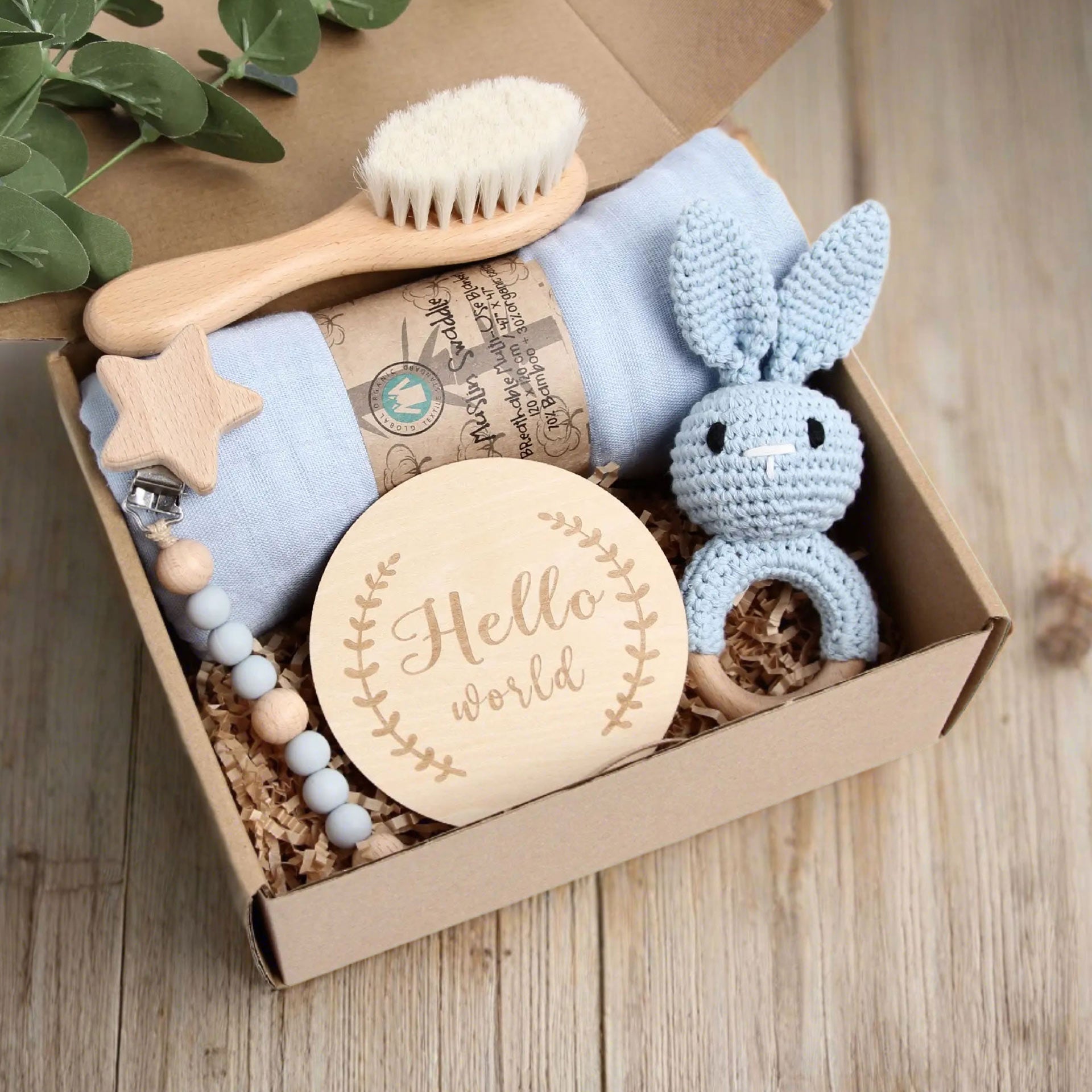 Organic Baby GIFT SET, Bunny Lovie, Newborn Hat and Mittens, Crinkle Teether, Blue Ellie, Unique Baby Shower Gift, fashion Organic Baby Toys