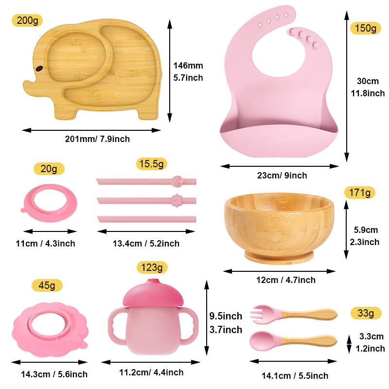 bamboo tableware set for kids plate Bamboo bowl with wooden silicone spoon & Fork Bib cup kids cutlery safe for babies مجموعة أدوات مائدة من الخيزران للأطفال طبق من الخيزران مع ملعقة سيليكون خشبية وشوكة مريلة كوب أدوات مائدة للأطفال آمنة للأطفال الرضع