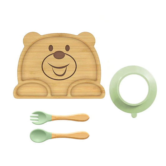 Bear Shaped Bamboo Suction Plate with Fork & Spoon