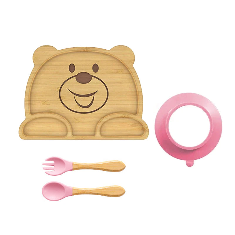 Bear Shaped Bamboo Suction Plate with Fork & Spoon