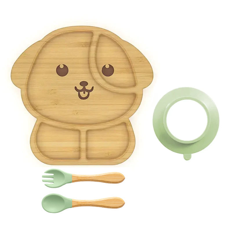 Dog Shaped Bamboo Suction Plate with Fork & Spoon