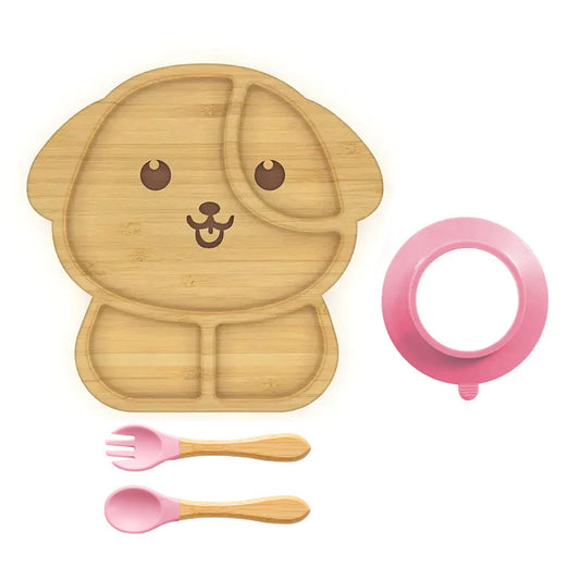 Dog Shaped Bamboo Suction Plate with Fork & Spoon