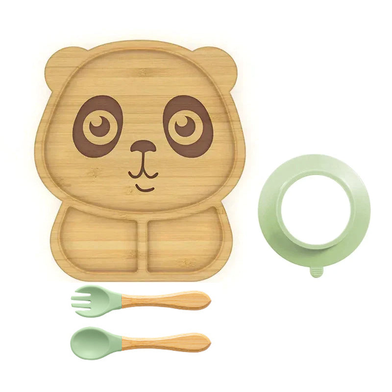 Panda Shaped Bamboo Suction Plate with Fork & Spoon