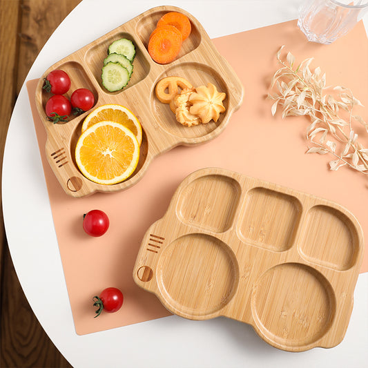 bamboo plate Bamboo bowl with wooden silicone spoon & Fork kids cutlery safe for babies طبق من الخيزران وعاء من الخيزران مع ملعقة سيليكون خشبية وشوكة أدوات مائدة للأطفال آمنة للأطفال الرضع