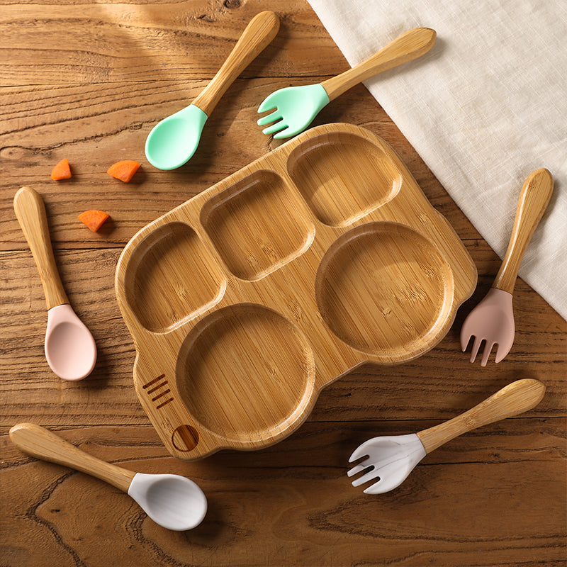 bamboo plate Bamboo bowl with wooden silicone spoon & Fork kids cutlery safe for babies طبق من الخيزران وعاء من الخيزران مع ملعقة سيليكون خشبية وشوكة أدوات مائدة للأطفال آمنة للأطفال الرضع