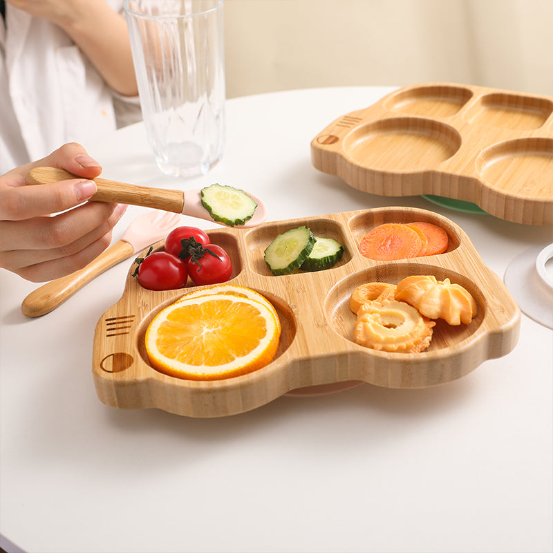 bamboo plate Bamboo bowl with wooden silicone spoon & Fork kids cutlery safe for babies طبق من الخيزران وعاء من الخيزران مع ملعقة سيليكون خشبية وشوكة أدوات مائدة للأطفال آمنة للأطفال الرضع