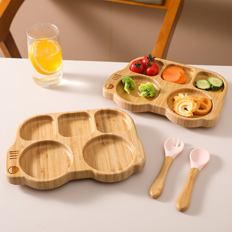 bamboo plate Bamboo bowl with wooden silicone spoon & Fork kids cutlery safe for babies طبق من الخيزران وعاء من الخيزران مع ملعقة سيليكون خشبية وشوكة أدوات مائدة للأطفال آمنة للأطفال الرضع