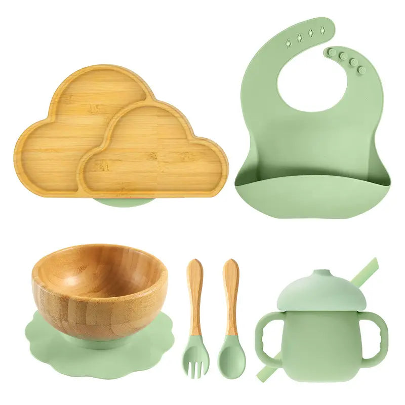 bamboo tableware set for kids plate Bamboo bowl with wooden silicone spoon & Fork Bib cup kids cutlery safe for babies مجموعة أدوات مائدة من الخيزران للأطفال طبق من الخيزران مع ملعقة سيليكون خشبية وشوكة مريلة كوب أدوات مائدة للأطفال آمنة للأطفال الرضع