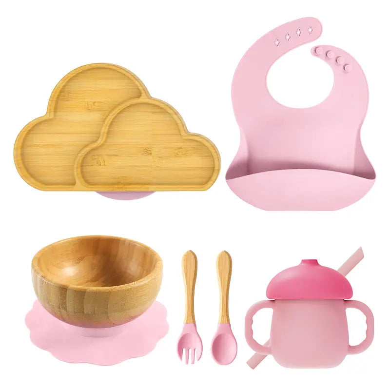 bamboo tableware set for kids plate Bamboo bowl with wooden silicone spoon & Fork Bib cup kids cutlery safe for babies مجموعة أدوات مائدة من الخيزران للأطفال طبق من الخيزران مع ملعقة سيليكون خشبية وشوكة مريلة كوب أدوات مائدة للأطفال آمنة للأطفال الرضع