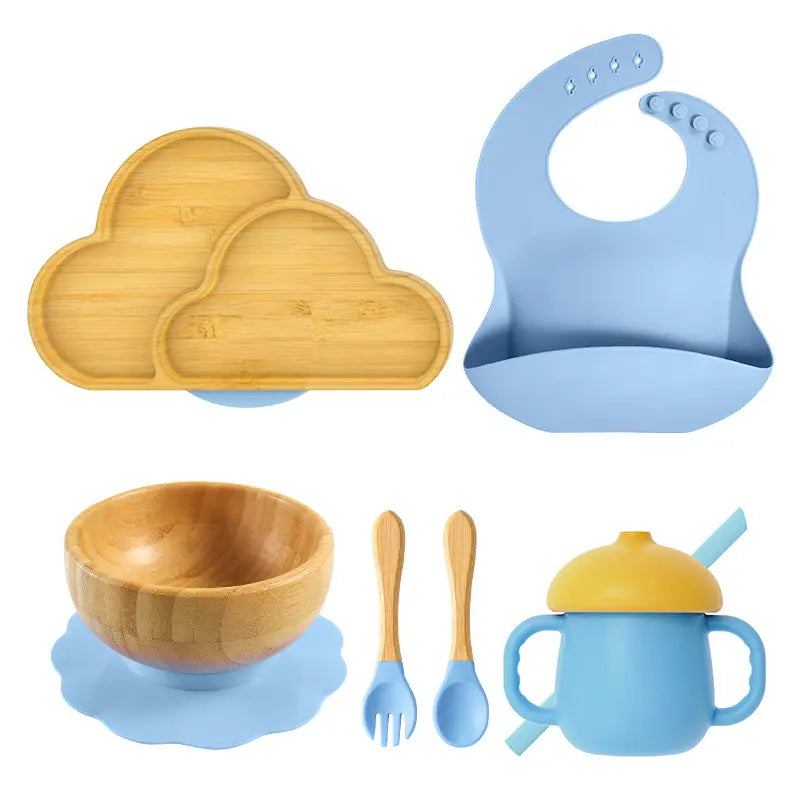 bamboo tableware set for kids plate Bamboo bowl with wooden silicone spoon & Fork Bib cup kids cutlery safe for babies مجموعة أدوات مائدة من الخيزران للأطفال طبق من الخيزران مع ملعقة سيليكون خشبية وشوكة مريلة كوب أدوات مائدة للأطفال آمنة للأطفال الرضع