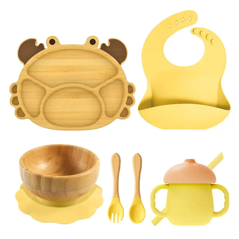 bamboo tableware set for kids plate Bamboo bowl with wooden silicone spoon & Fork Bib cup kids cutlery safe for babies مجموعة أدوات مائدة من الخيزران للأطفال طبق من الخيزران مع ملعقة سيليكون خشبية وشوكة مريلة كوب أدوات مائدة للأطفال آمنة للأطفال الرضع