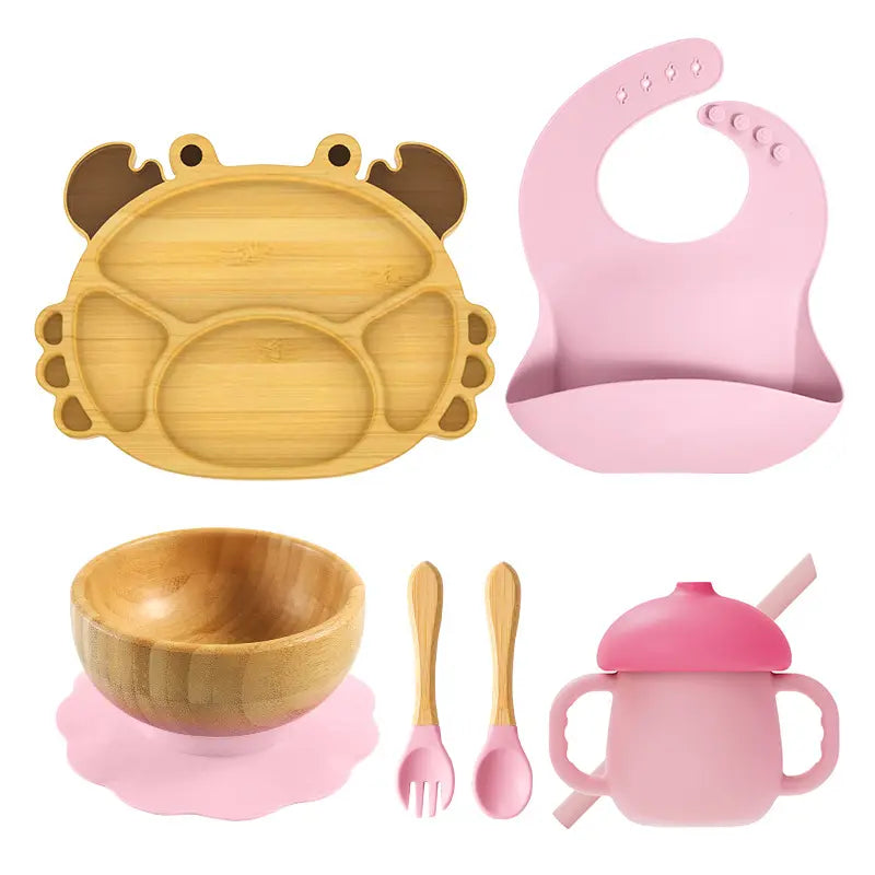 bamboo tableware set for kids plate Bamboo bowl with wooden silicone spoon & Fork Bib cup kids cutlery safe for babies مجموعة أدوات مائدة من الخيزران للأطفال طبق من الخيزران مع ملعقة سيليكون خشبية وشوكة مريلة كوب أدوات مائدة للأطفال آمنة للأطفال الرضع