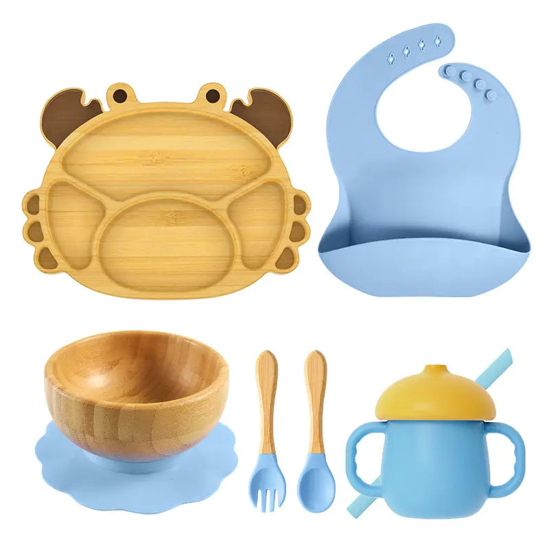 bamboo tableware set for kids plate Bamboo bowl with wooden silicone spoon & Fork Bib cup kids cutlery safe for babies مجموعة أدوات مائدة من الخيزران للأطفال طبق من الخيزران مع ملعقة سيليكون خشبية وشوكة مريلة كوب أدوات مائدة للأطفال آمنة للأطفال الرضع