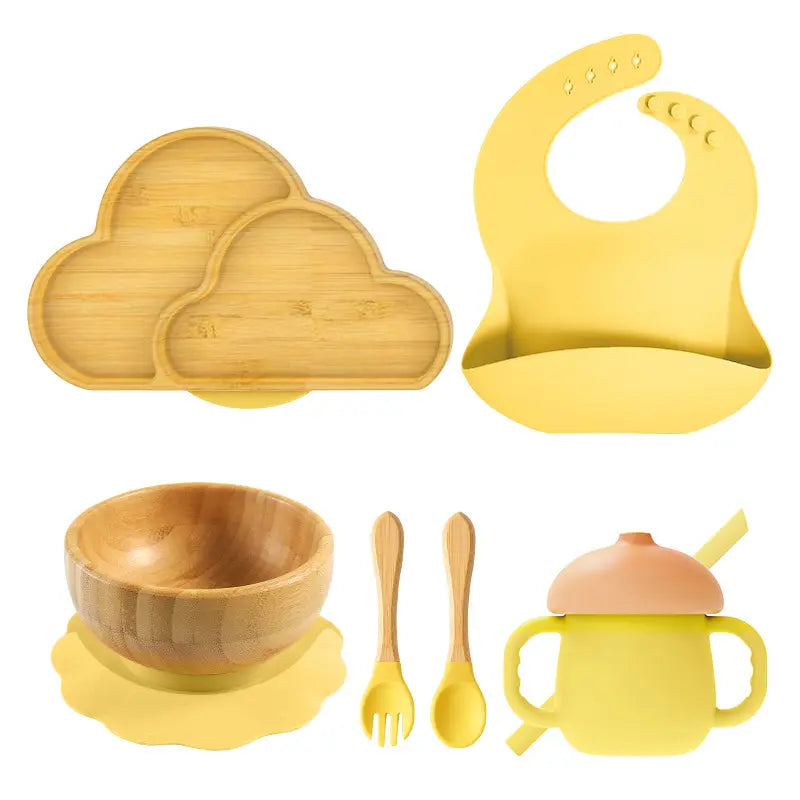 bamboo tableware set for kids plate Bamboo bowl with wooden silicone spoon & Fork Bib cup kids cutlery safe for babies مجموعة أدوات مائدة من الخيزران للأطفال طبق من الخيزران مع ملعقة سيليكون خشبية وشوكة مريلة كوب أدوات مائدة للأطفال آمنة للأطفال الرضع