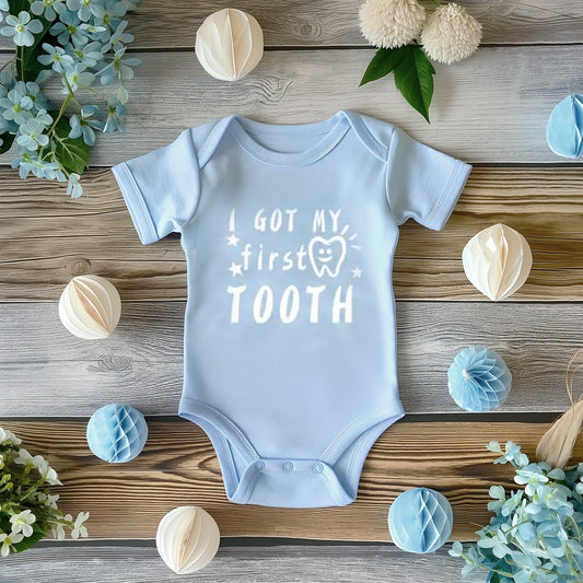 I Got My First Tooth Blue Cotton Onesie Bodysuit