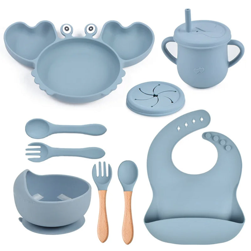 silicone tableware set for babies plates and mini fork, spoon, bib, cup, set for babies kitchen essentials طقم أدوات مائدة من السيليكون لأطباق الأطفال وشوكة صغيرة وملعقة ومريلة وكوب ومجموعة لمستلزمات مطبخ الأطفال