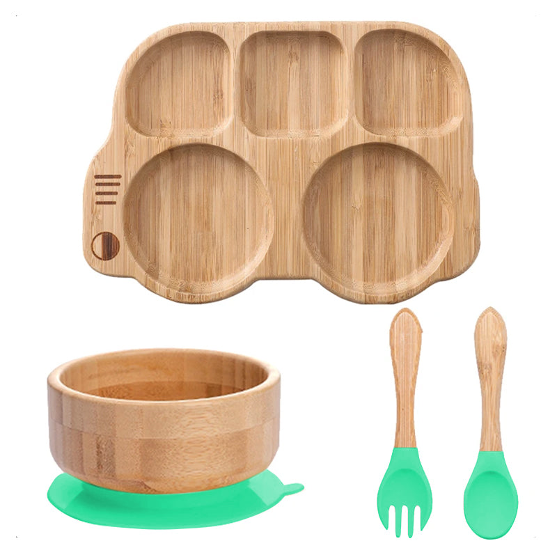 bamboo plate Bamboo bowl with wooden silicone spoon & Fork kids cutlery safe for babies طبق من الخيزران وعاء من الخيزران مع ملعقة سيليكون خشبية وشوكة أدوات مائدة للأطفال آمنة للأطفال الرضع