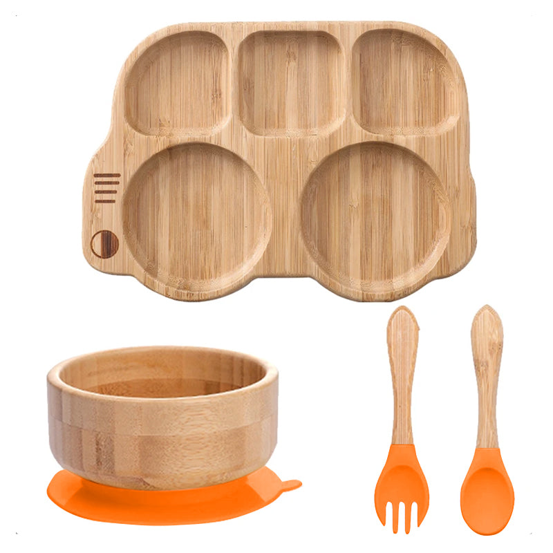 bamboo plate Bamboo bowl with wooden silicone spoon & Fork kids cutlery safe for babies طبق من الخيزران وعاء من الخيزران مع ملعقة سيليكون خشبية وشوكة أدوات مائدة للأطفال آمنة للأطفال الرضع