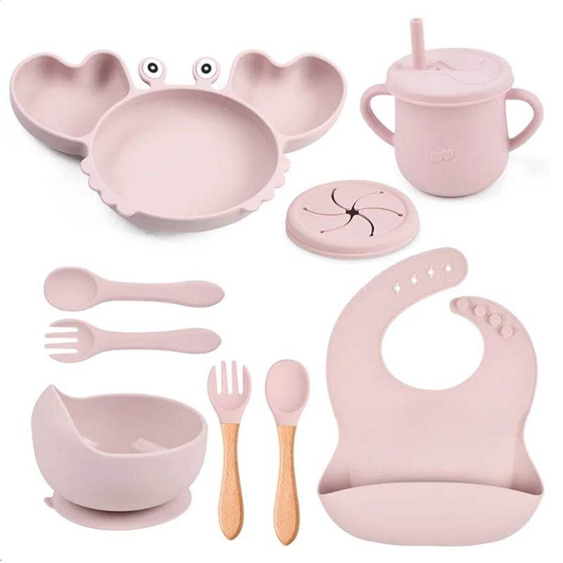 silicone tableware set for babies plates and mini fork, spoon, bib, cup, set for babies kitchen essentials طقم أدوات مائدة من السيليكون لأطباق الأطفال وشوكة صغيرة وملعقة ومريلة وكوب ومجموعة لمستلزمات مطبخ الأطفال