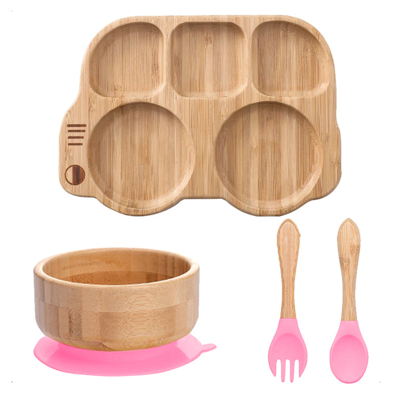 bamboo plate Bamboo bowl with wooden silicone spoon & Fork kids cutlery safe for babies طبق من الخيزران وعاء من الخيزران مع ملعقة سيليكون خشبية وشوكة أدوات مائدة للأطفال آمنة للأطفال الرضع