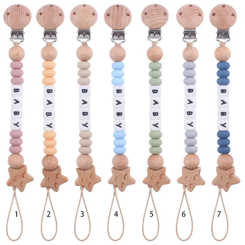 Silicone and Wooden Pacifier Clip Chain - Personalized