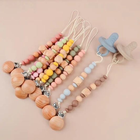 Silicone and Wooden Pacifier Chain with Clip - Personalized