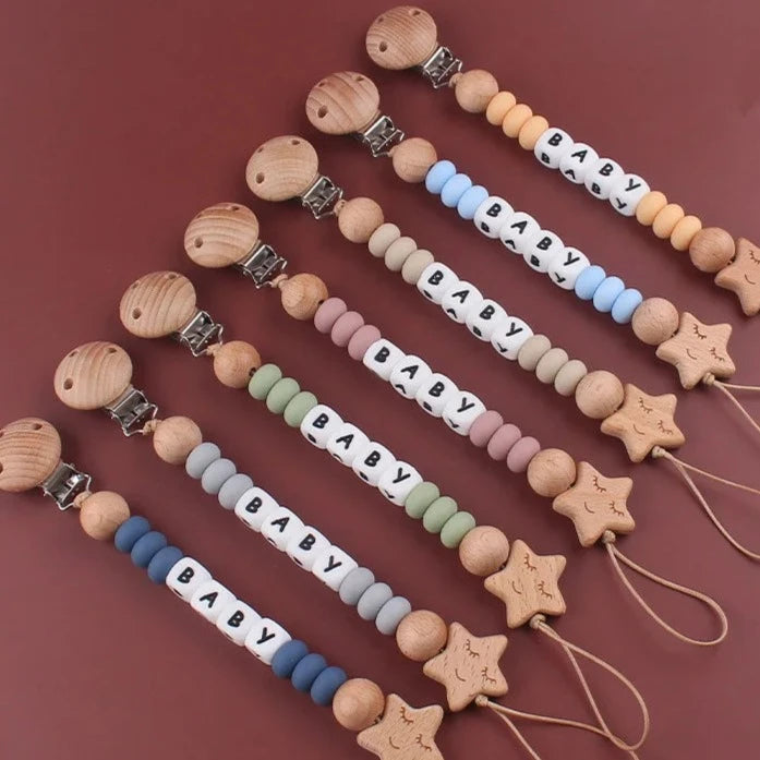 Silicone and Wooden Pacifier Clip Chain - Personalized