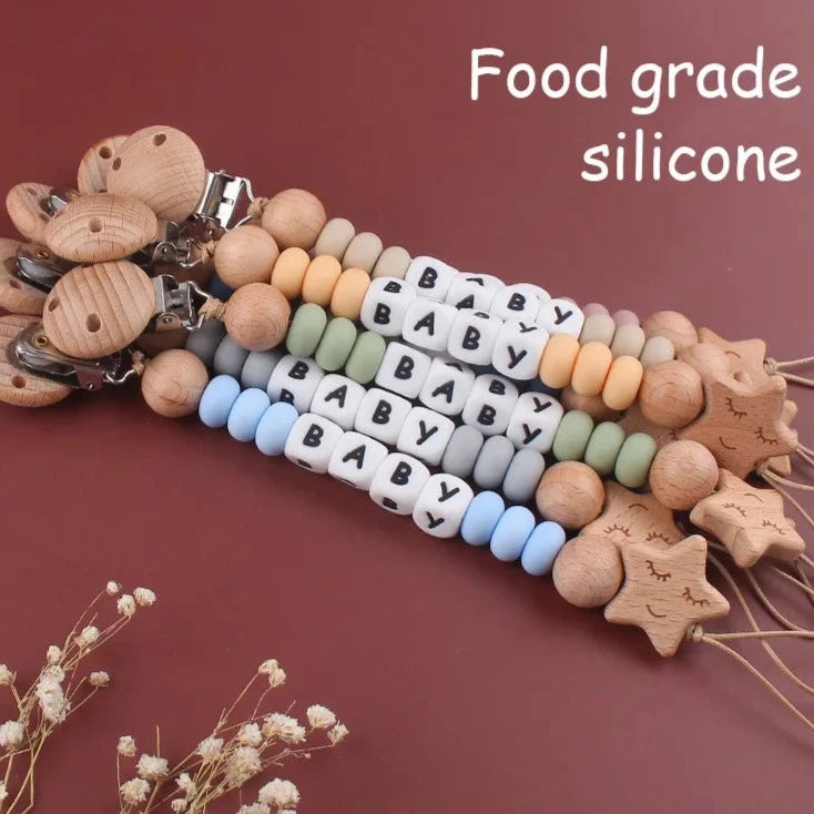 Silicone and Wooden Pacifier Clip Chain - Personalized