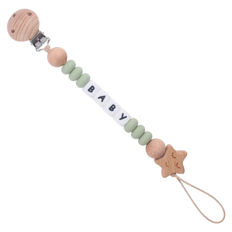 Silicone and Wooden Pacifier Clip Chain - Personalized