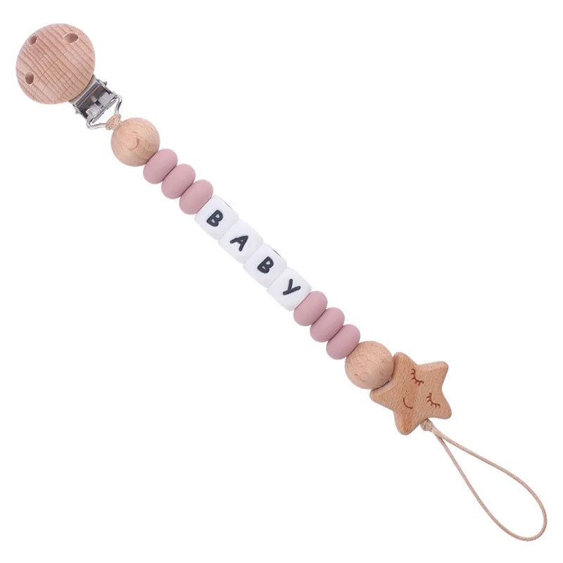 Silicone and Wooden Pacifier Clip Chain - Personalized