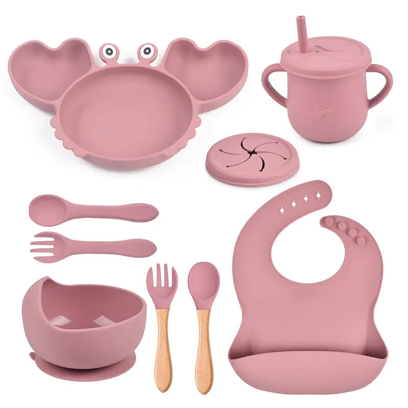 silicone tableware set for babies plates and mini fork, spoon, bib, cup, set for babies kitchen essentials طقم أدوات مائدة من السيليكون لأطباق الأطفال وشوكة صغيرة وملعقة ومريلة وكوب ومجموعة لمستلزمات مطبخ الأطفال