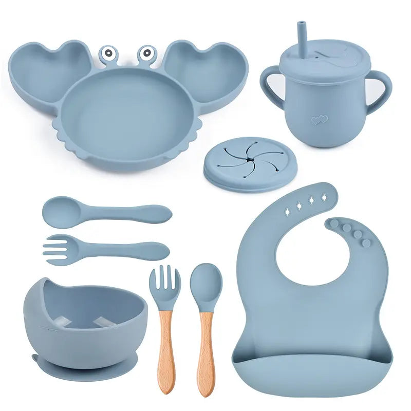 silicone tableware set for babies plates and mini fork, spoon, bib, cup, set for babies kitchen essentials طقم أدوات مائدة من السيليكون لأطباق الأطفال وشوكة صغيرة وملعقة ومريلة وكوب ومجموعة لمستلزمات مطبخ الأطفال