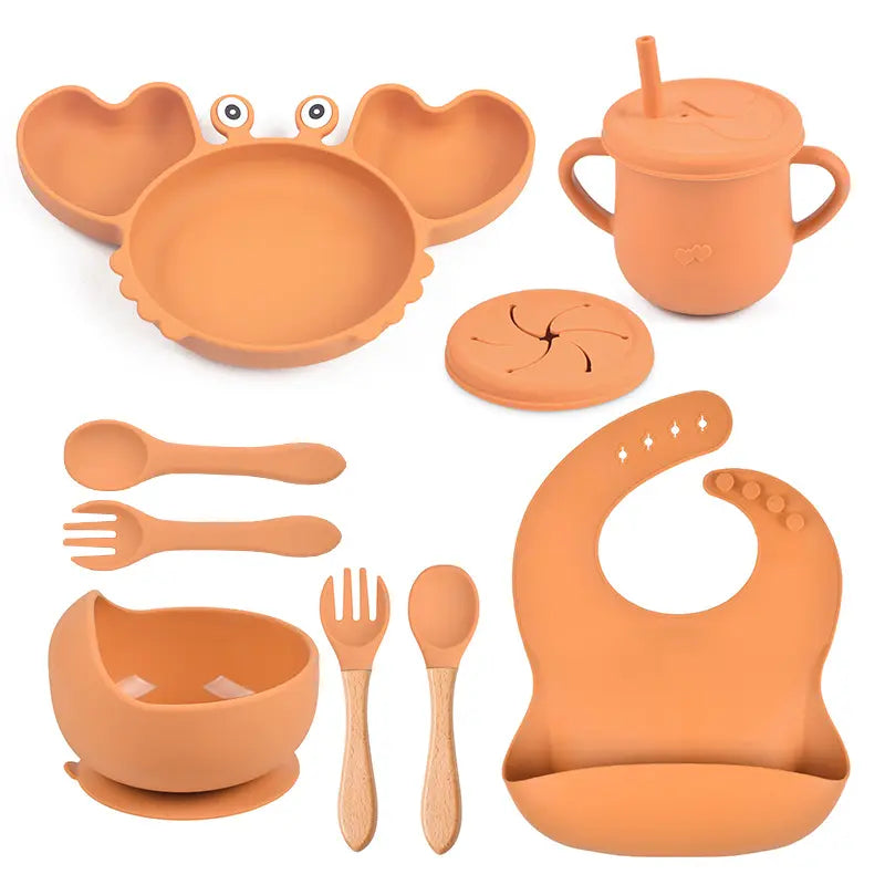 silicone tableware set for babies plates and mini fork, spoon, bib, cup, set for babies kitchen essentials طقم أدوات مائدة من السيليكون لأطباق الأطفال وشوكة صغيرة وملعقة ومريلة وكوب ومجموعة لمستلزمات مطبخ الأطفال