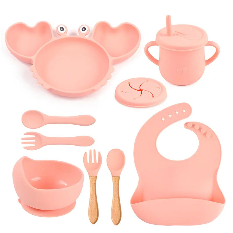 silicone tableware set for babies plates and mini fork, spoon, bib, cup, set for babies kitchen essentials طقم أدوات مائدة من السيليكون لأطباق الأطفال وشوكة صغيرة وملعقة ومريلة وكوب ومجموعة لمستلزمات مطبخ الأطفال