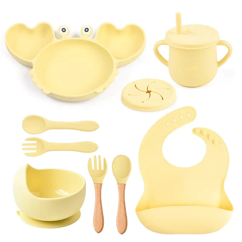 silicone tableware set for babies plates and mini fork, spoon, bib, cup, set for babies kitchen essentials طقم أدوات مائدة من السيليكون لأطباق الأطفال وشوكة صغيرة وملعقة ومريلة وكوب ومجموعة لمستلزمات مطبخ الأطفال