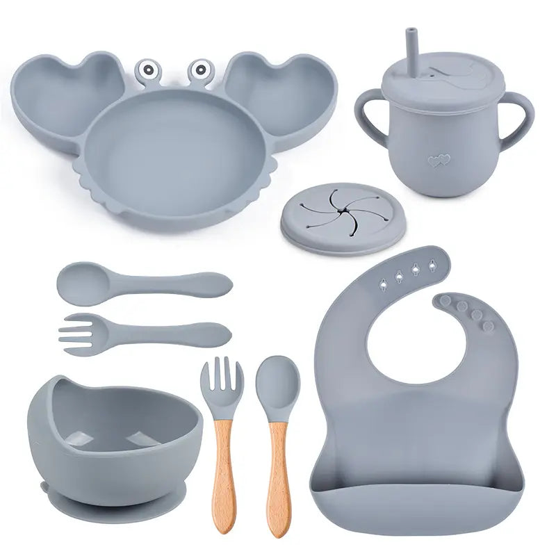 silicone tableware set for babies plates and mini fork, spoon, bib, cup, set for babies kitchen essentials طقم أدوات مائدة من السيليكون لأطباق الأطفال وشوكة صغيرة وملعقة ومريلة وكوب ومجموعة لمستلزمات مطبخ الأطفال